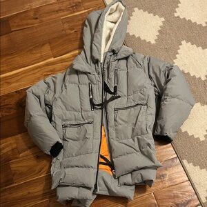 Light Gray Hooded Puffer Jacket with Sherpa Lining